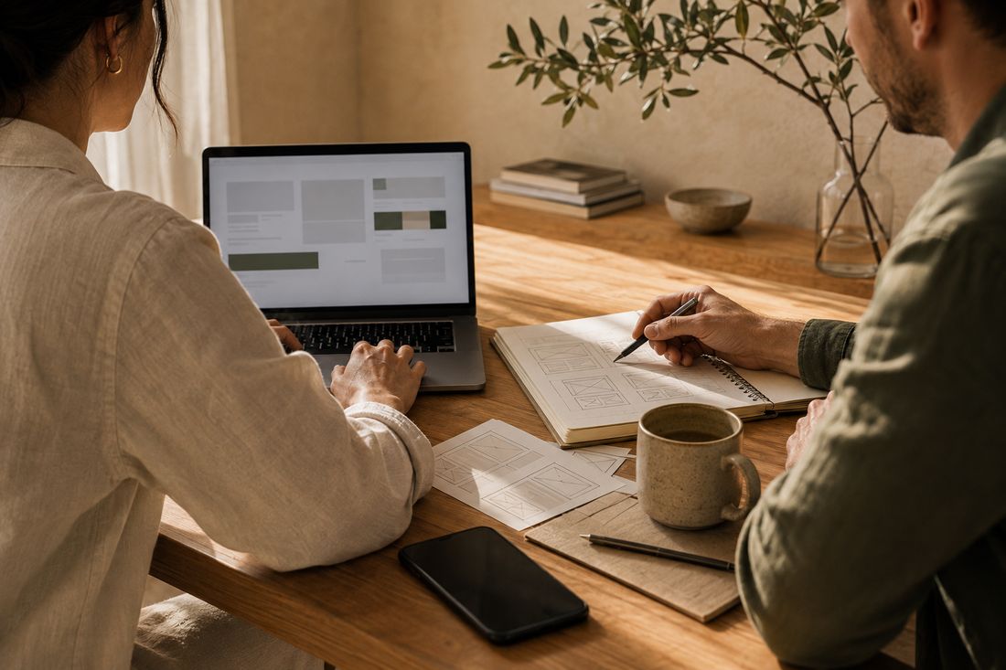 Two people at a timber desk, one on a laptop showing a page layout, the other sketching wireframes in a notebook