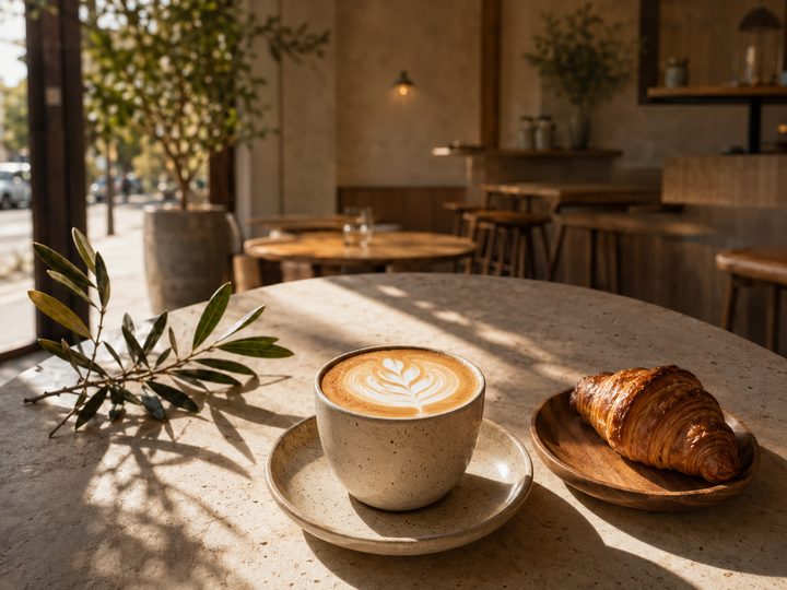 Latte and croissant on a café table