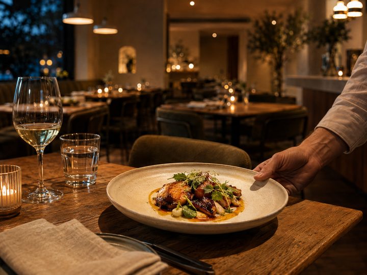 Plated dish being served in a restaurant