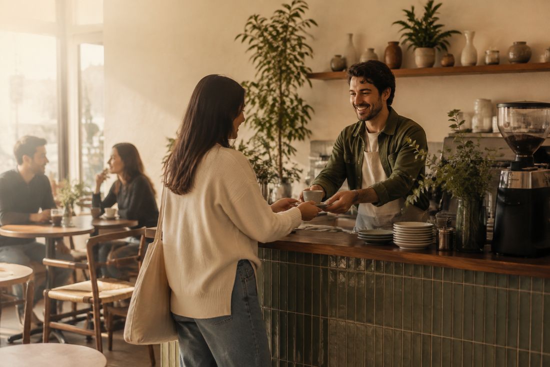 A barista handing a coffee across the counter to a customer in a plant-filled café